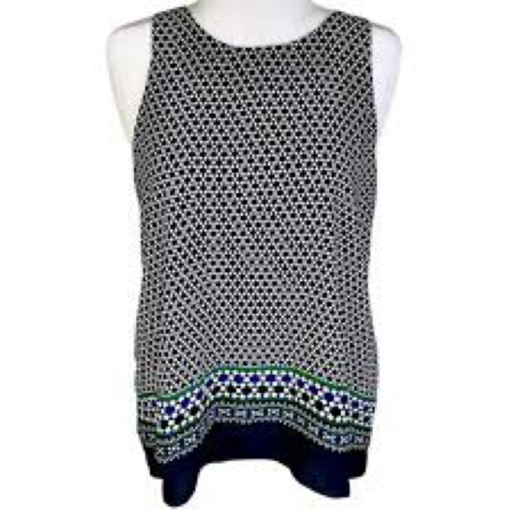 MAX STUDIO Sz L~SLEEVELESS SHIRT OVERLAY BLUE & GREEN JEWEL TONE PATTERN BLOUSE